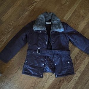Belted Rabbit Fur Collar Brown Winter Jacket